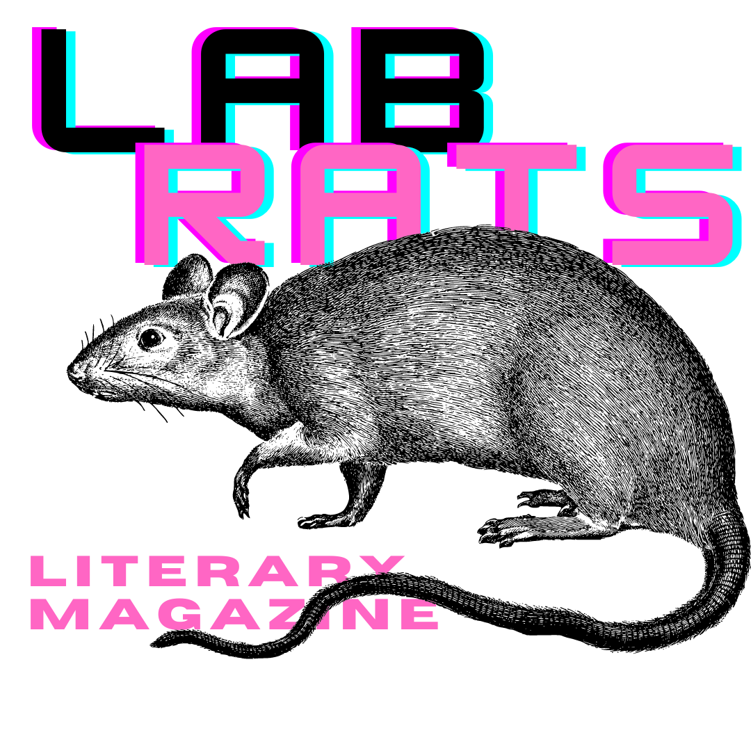 A drawing of a lab rat with the giant text above it that says Lab (black font) Rats (pink font) and in smaller pink font below its body but above its tae is Literary Magazine
